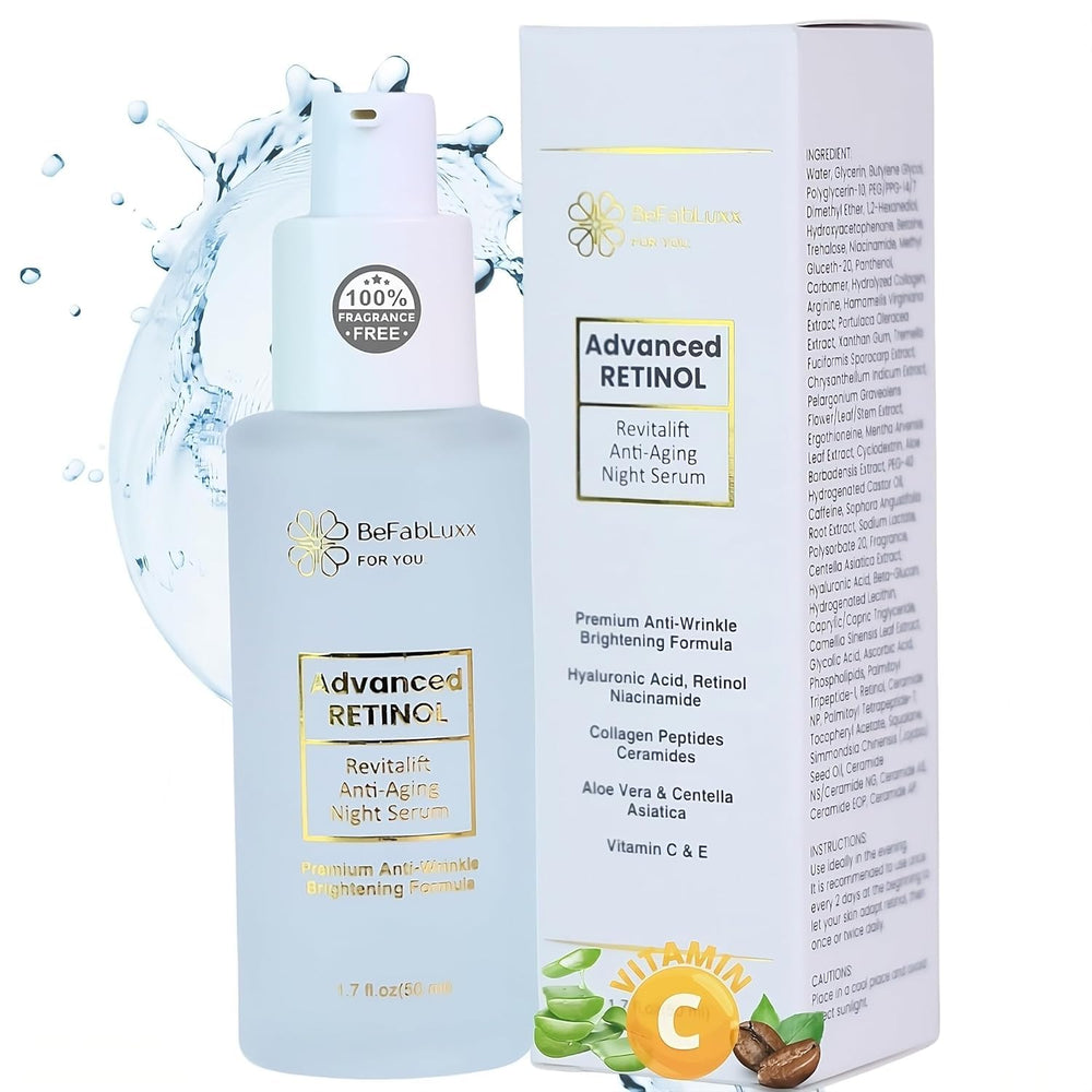 BeFabLuxx Advanced Retinol Night Serum bottle focusing on hydration and firming benefits