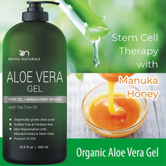 Being Naturals Aloe Gel with Manuka Honey and tea tree shows premium ingredients.