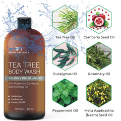 Being Naturals Tea Tree Body Wash bottle pour capturing a rich lather.