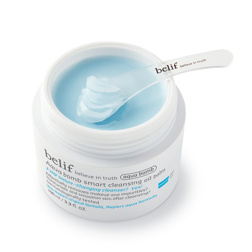 belif Aqua Bomb cleansing balm bottle for quick makeup removal and hydration.