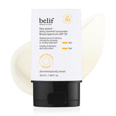 Belif Dew Guard bottle close-up highlighting hydration and SPF 50.
