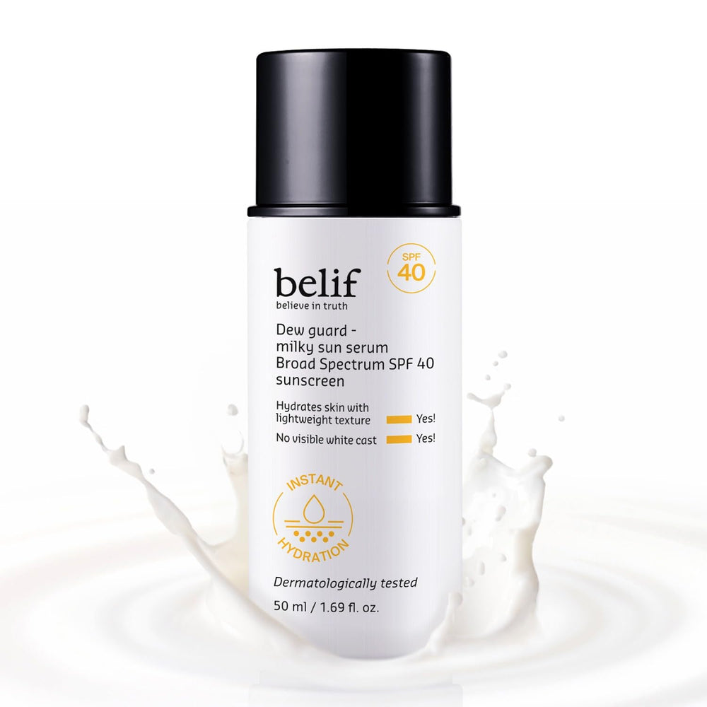 Belif Milky Niacinamide Sunscreen bottle application showing smooth, makeup-prep texture
