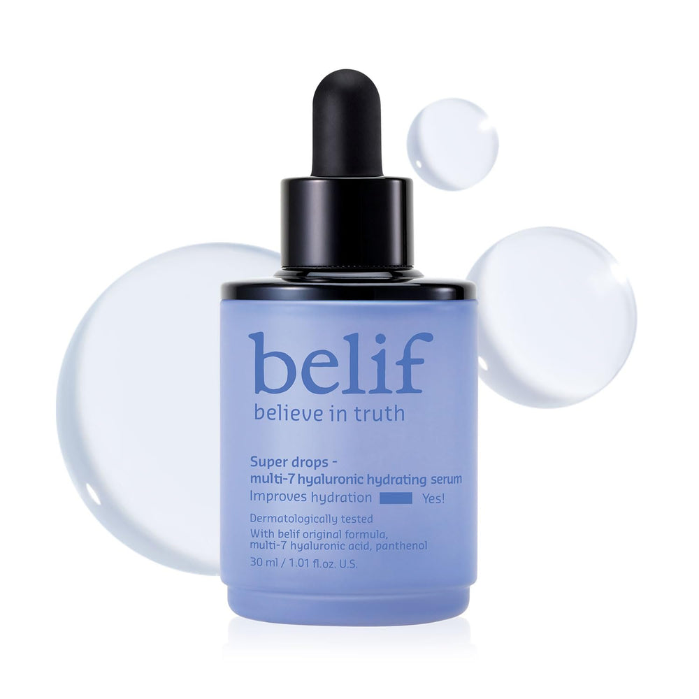Belif Super Drops bottle close-up for sustained hydration.