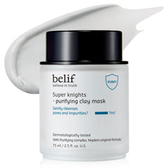 belif Super Knights Purifying Clay Mask jar shown, offering deep cleansing and mild hydration