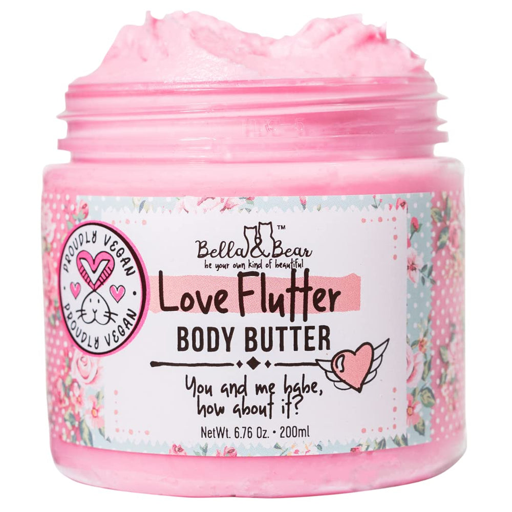Bella and Bear Love Flutter body butter jar shows rich hydration for soft skin
