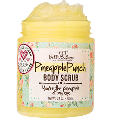 Bella & Bear Pineapple Scrub jar close-up showing exfoliating texture for smoother skin