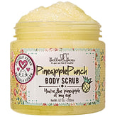 Bella & Bear pineapple scrub packaging shows vegan formula for gentle exfoliation.