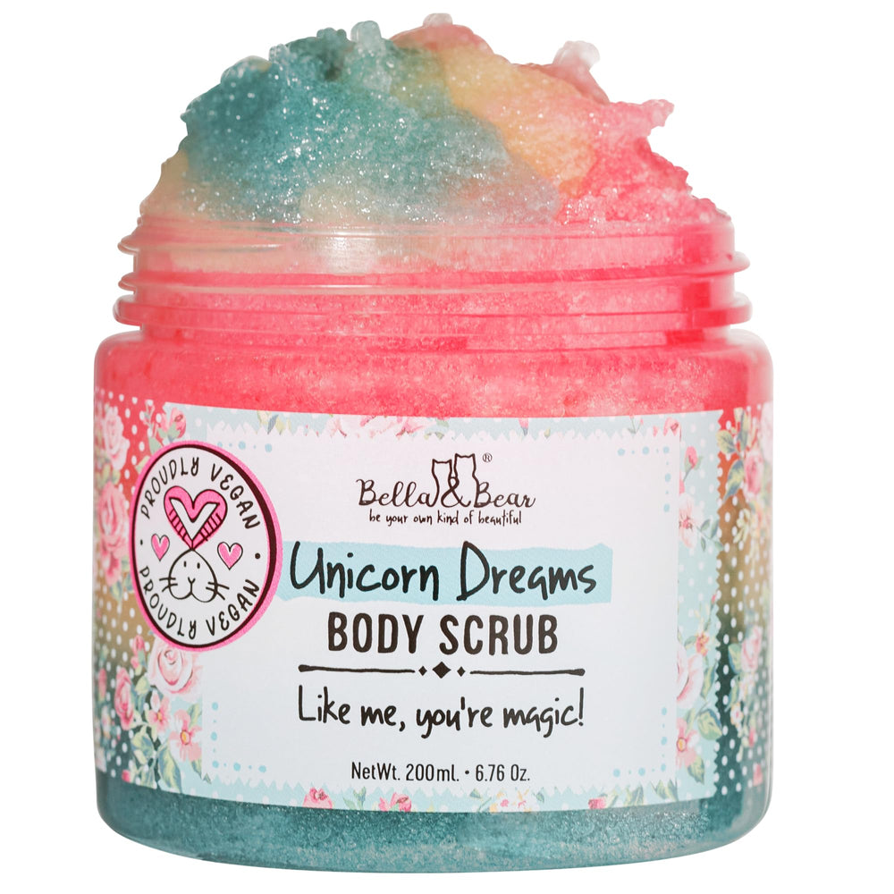 Bella & Bear Unicorn Dream Body Scrub jar promotes luxurious exfoliation for smoother skin.