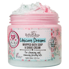 Bella and Bear Unicorn Dreams bath soap bottle showing rich creamy lather for daily cleansing