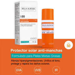 Bella Aurora Gel Solar SPF 50 texture closeup shows non-greasy, quick-absorbing formula.