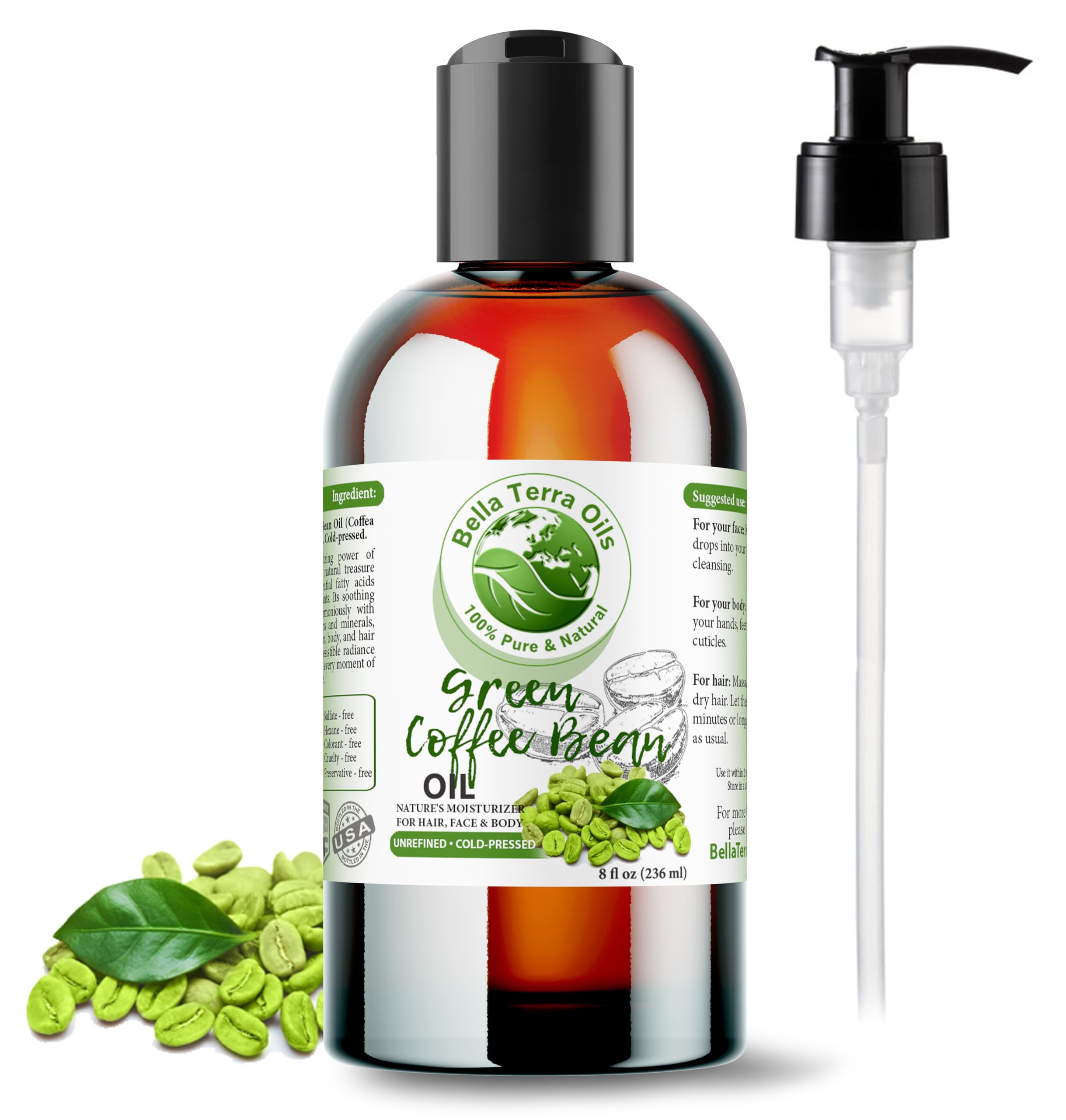 Bella Terra Oils green coffee bean oil bottle closeup showing natural nourishment for skin.