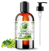 Bella Terra Oils green coffee bean oil bottle closeup showing natural nourishment for skin.
