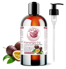 Bella Terra Oils Maracuja seed oil bottle showcases pure multi-use skin and hair benefits.