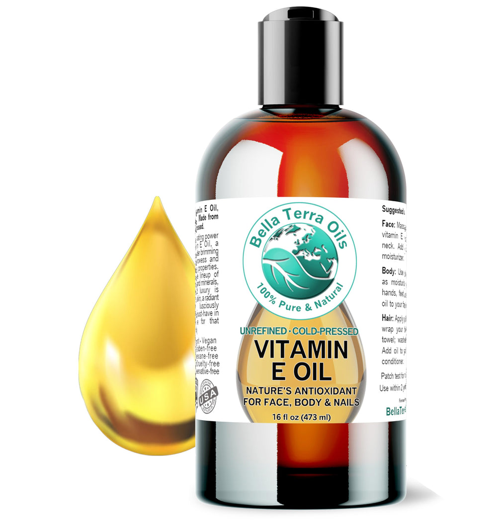 Bella Terra Oils Organic Vitamin E Oil bottle with dropper for nourishing skin and antioxidant support.