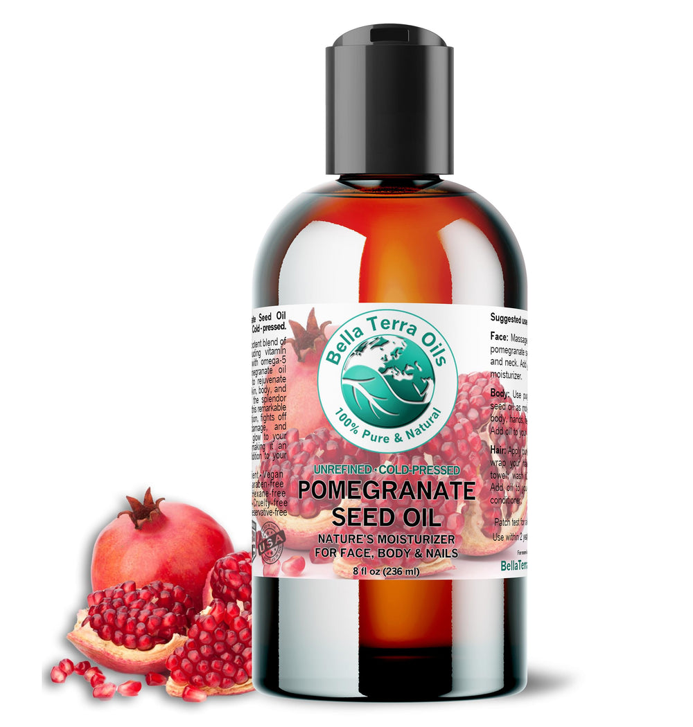 Bella Terra Oils Organic Pomegranate Seed Oil 8oz bottle glows with hydration for skin.