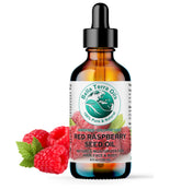 Bella Terra Oils red raspberry seed oil bottle on shelf for daily skin nourishment.