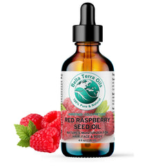 Bella Terra Oils red raspberry seed oil bottle on shelf for daily skin nourishment.
