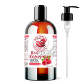 Bella Terra Oils red raspberry seed oil bottle, antioxidant-rich skin nourishment.