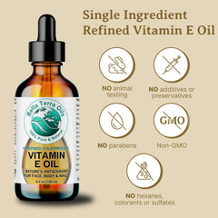 Bella Terra Oils Vitamin E oil close-up shows clear, lightweight texture for facial care.