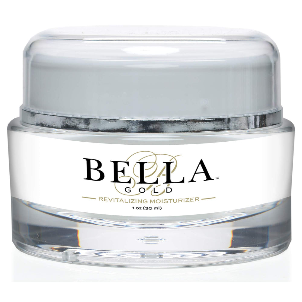 Bella Gold Revitalizing Moisturizer jar closeup shows rich texture for deep hydration.