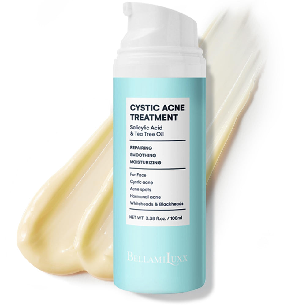 BellamiLuxx cystic acne lotion bottle targets facial breakouts with lightweight, non-greasy feel.