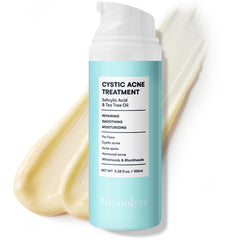 BellamiLuxx cystic acne lotion bottle targets facial breakouts with lightweight, non-greasy feel.