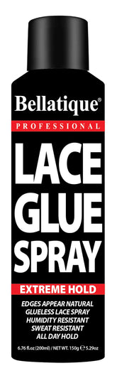 Bellatique Lace Glue Spray bottle delivering secure, long-lasting hold for lace fronts.