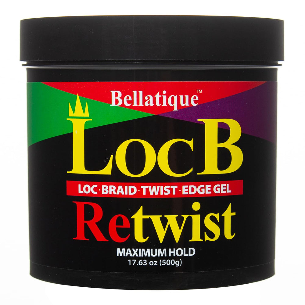 Bellatique Loc B Retwist Gel jar front showing premium hold for protective styles.