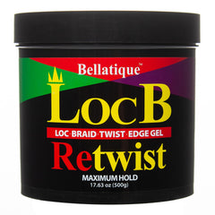 Bellatique Loc B Retwist Gel jar front showing premium hold for protective styles.