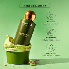 Close-up of BELLAVITA Pistachio EDP label highlights premium European oils.