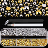 BELLEBOOST flat-back half-round pearls in a segmented box with independent lids for precise nail art.