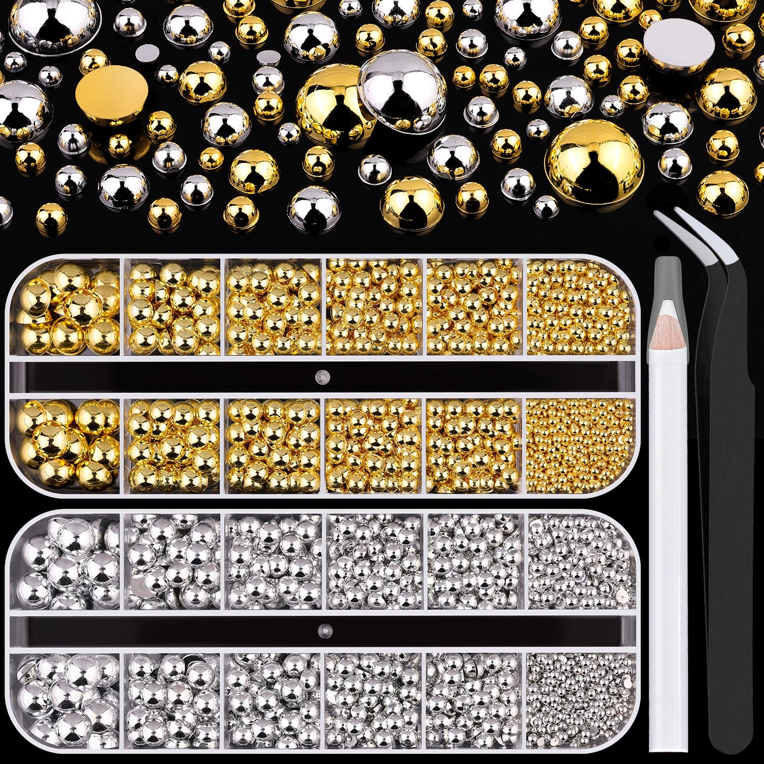 BELLEBOOST silver flat-back pearls in a labeled box for precise nail art and crafts.