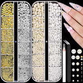 BELLEBOOST gold and silver round nail beads shimmer in a DIY manicure.