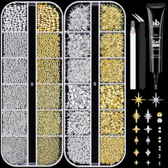 BELLEBOOST star charms in gold and silver with six sizes for versatile nail art accents.
