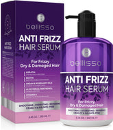 Bellisso Anti Frizz Serum bottle close-up showing smoothing formula.