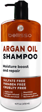 Bellisso Argan Oil Shampoo bottle showing nourishing hydration and anti-frizz potential.