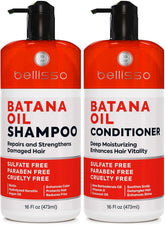 Bellisso Batana Oil Shampoo bottle shows thickening action for fuller hair