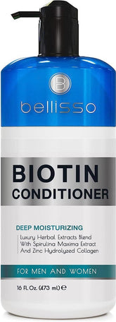 Bellisso Biotin Conditioner pump bottle demonstrates deep hydration for dry hair.