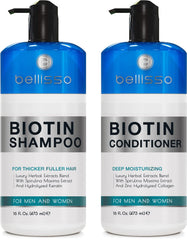 Bellisso Biotin Shampoo bottle close-up highlighting volume for fine hair