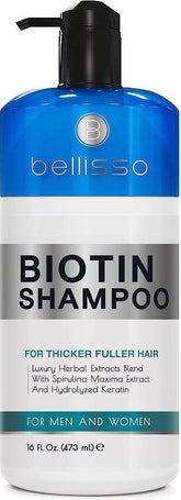 Bellisso Biotin Shampoo bottle showing volumizing formula for thicker hair