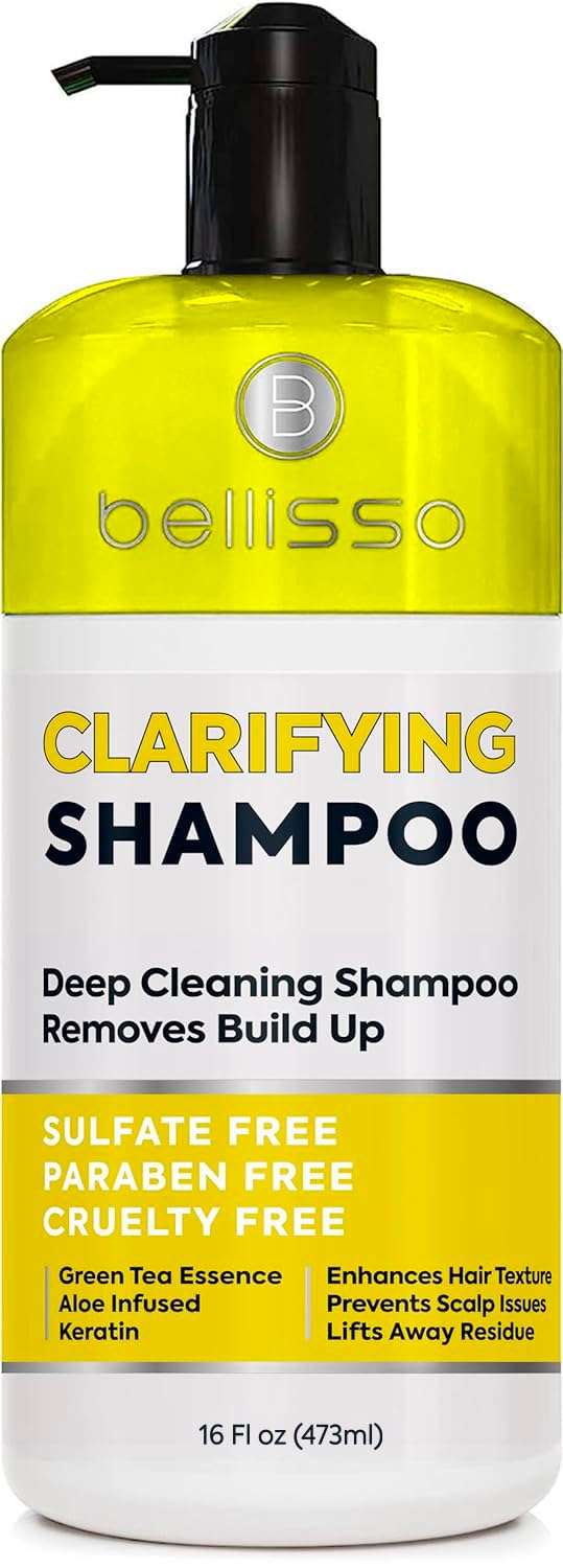 Bellisso clarifying shampoo bottle close-up showing rich lather for a refreshing cleanse.