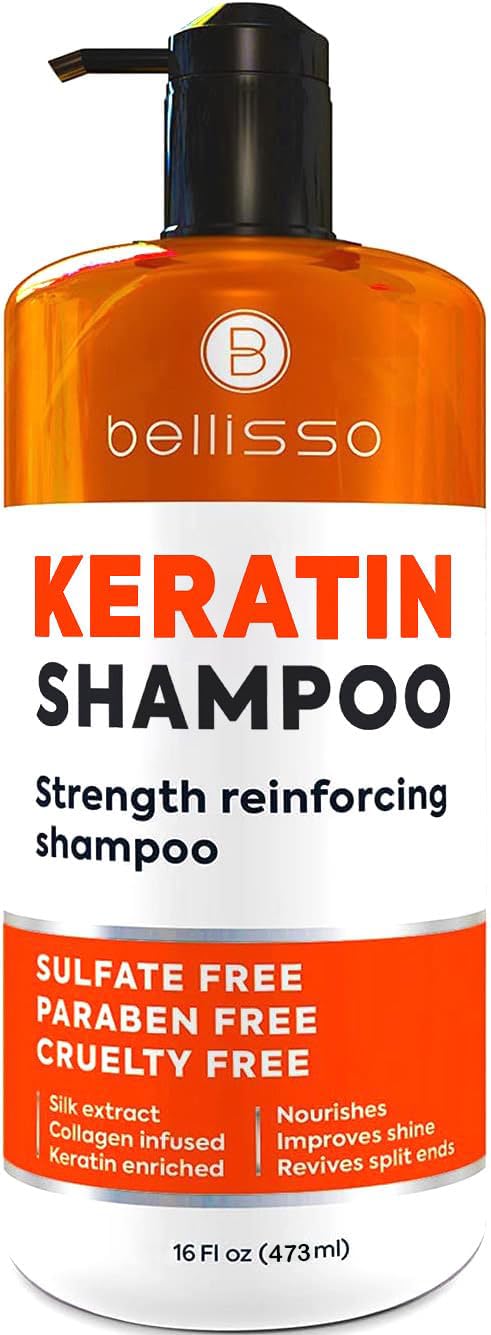 Bellisso keratin conditioner bottle closeup showing smooth, frizz-control for all hair types.