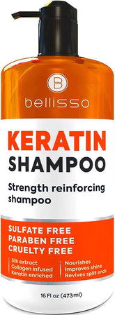 Bellisso keratin conditioner bottle closeup showing smooth, frizz-control for all hair types.