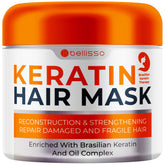 Bellisso Keratin Mask bottle front shows sulfate-free care for damaged hair