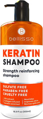 Bellisso Keratin Shampoo bottle close-up highlighting sulfate-free formula for gentle cleansing.