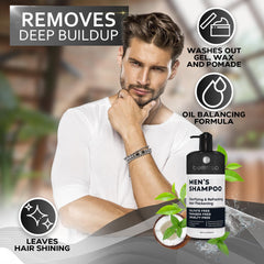 Bellisso Men’s Tea Tree Shampoo pour showing a quick refreshing rinse after workouts.