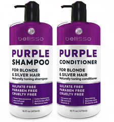 Bellisso purple shampoo bottle neutralizes brass to cool blonde tones.