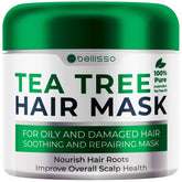 Bellisso Tea Tree Oil Hair Mask packaging and bottle on display for premium conditioning