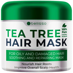 Bellisso Tea Tree Oil Hair Mask packaging and bottle on display for premium conditioning