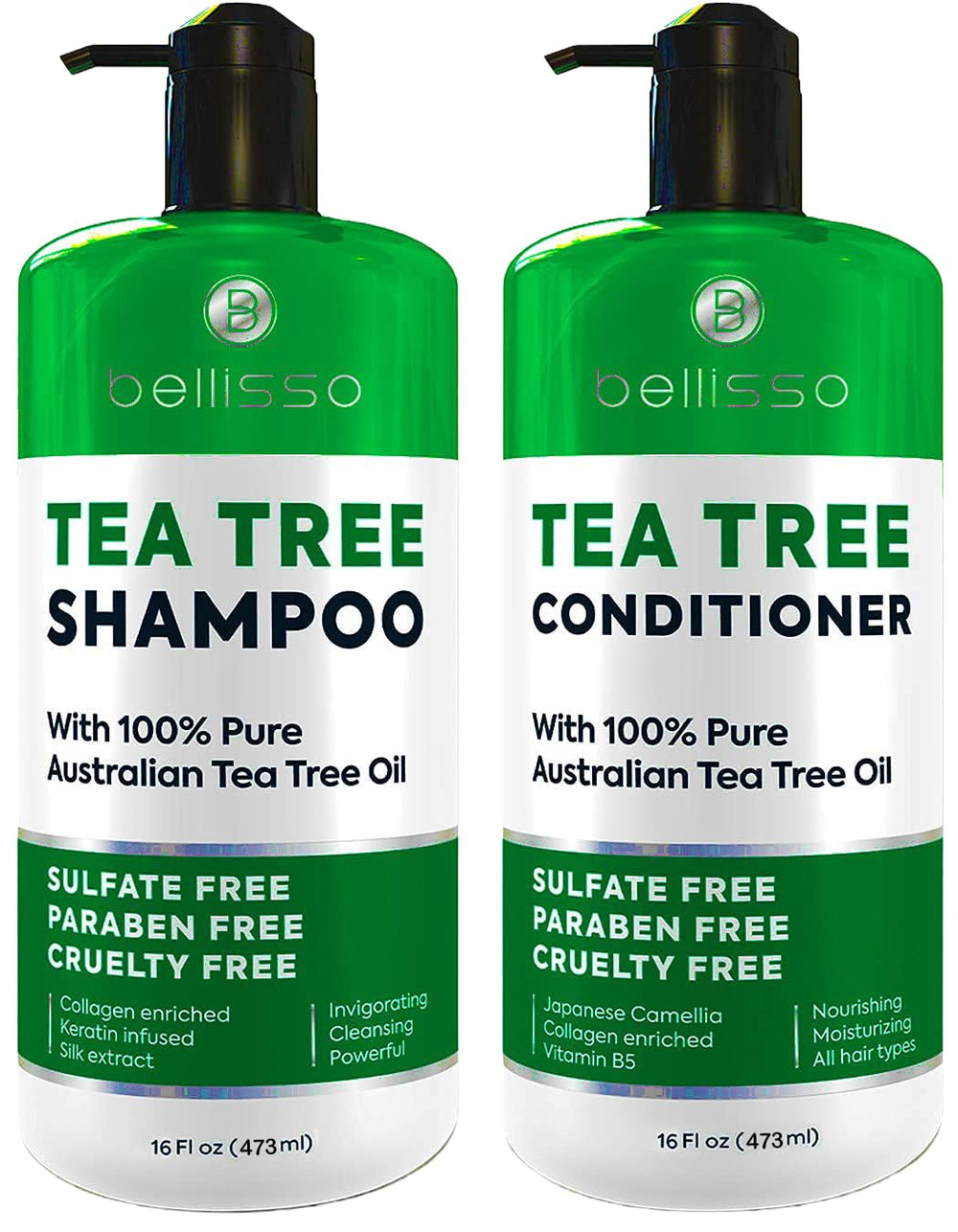 Bellisso Tea Tree Shampoo bottle offers soothing cleanse for irritated scalps.